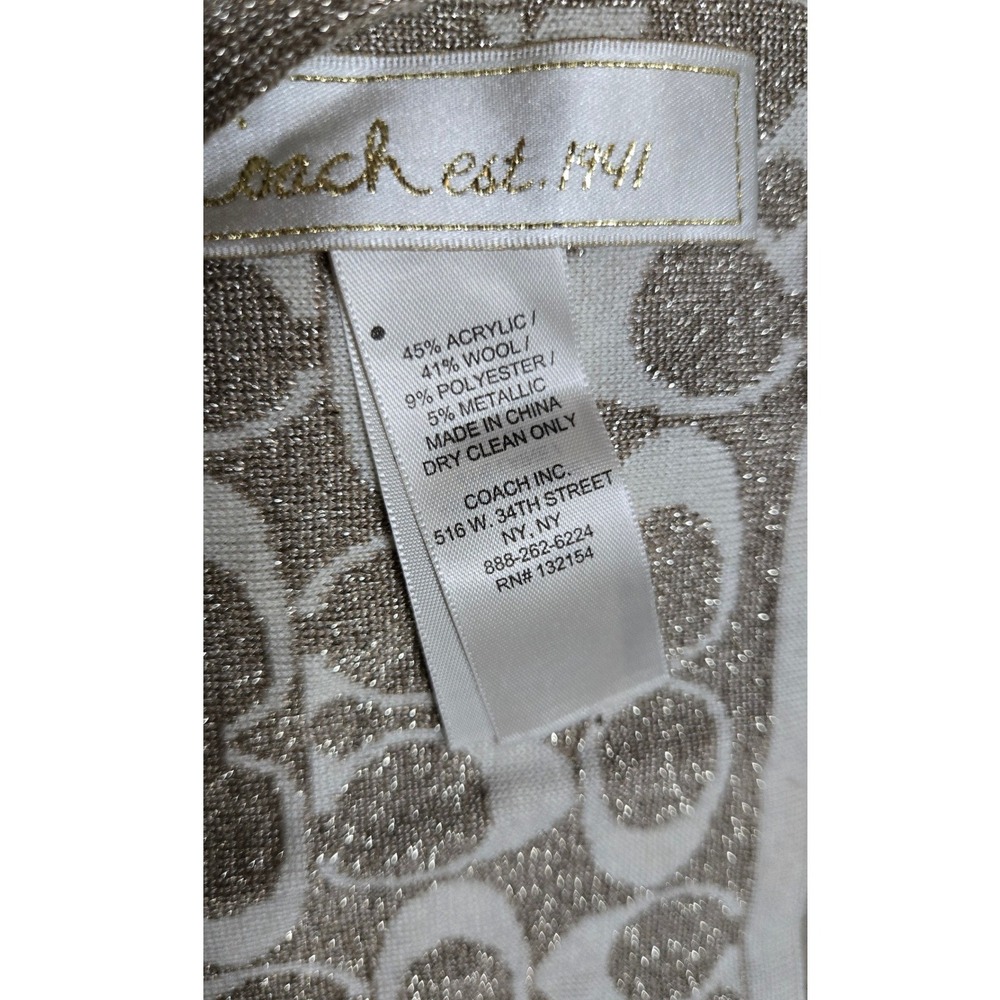 Coach Metallic Signature C Logo Knit Scarf Ivory Gold Wool Blend - Picture 3 of 5
